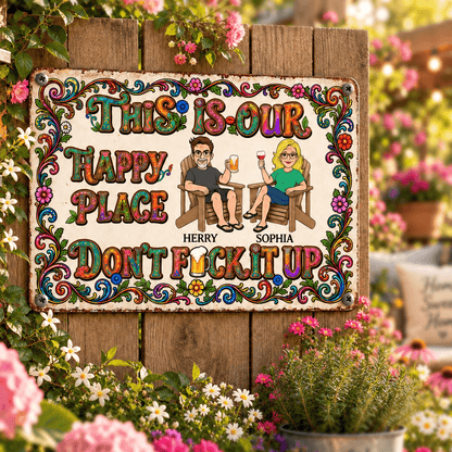 Personalized Couple Iron Sign, Vintage Floral Happy Place Sign, Funny Patio & Backyard Gift for Partners