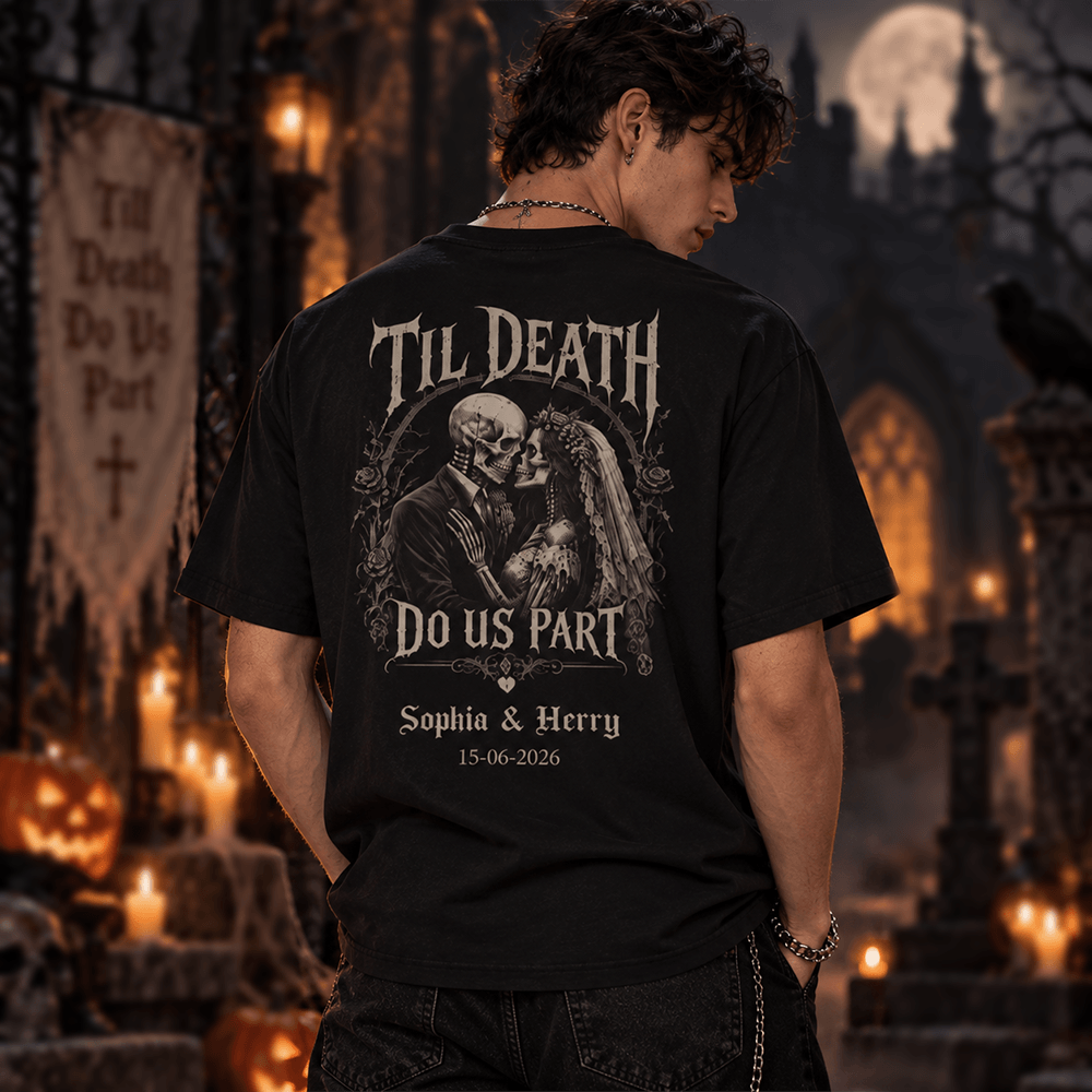 Personalized Gothic Skeleton Couple Dual Print T-Shirt, Custom Names & Date, Unique Wedding or Anniversary Gift