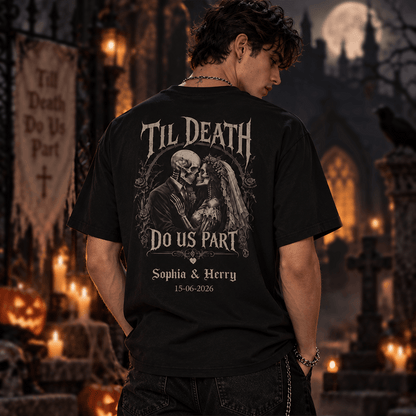 Personalized Gothic Skeleton Couple Dual Print T-Shirt, Custom Names & Date, Unique Wedding or Anniversary Gift