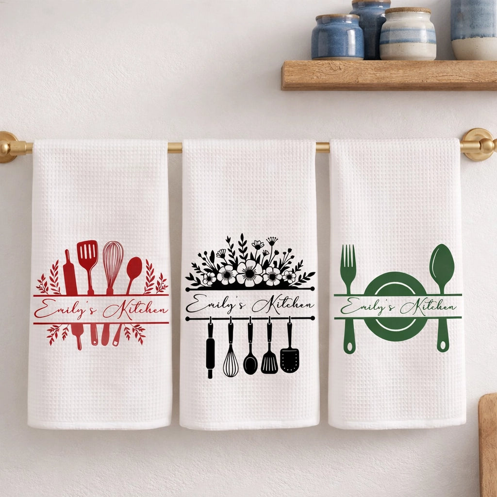 Personalized Kitchen Towel with Floral Utensil Design, Creative Housewarming Gift for Home Cooks