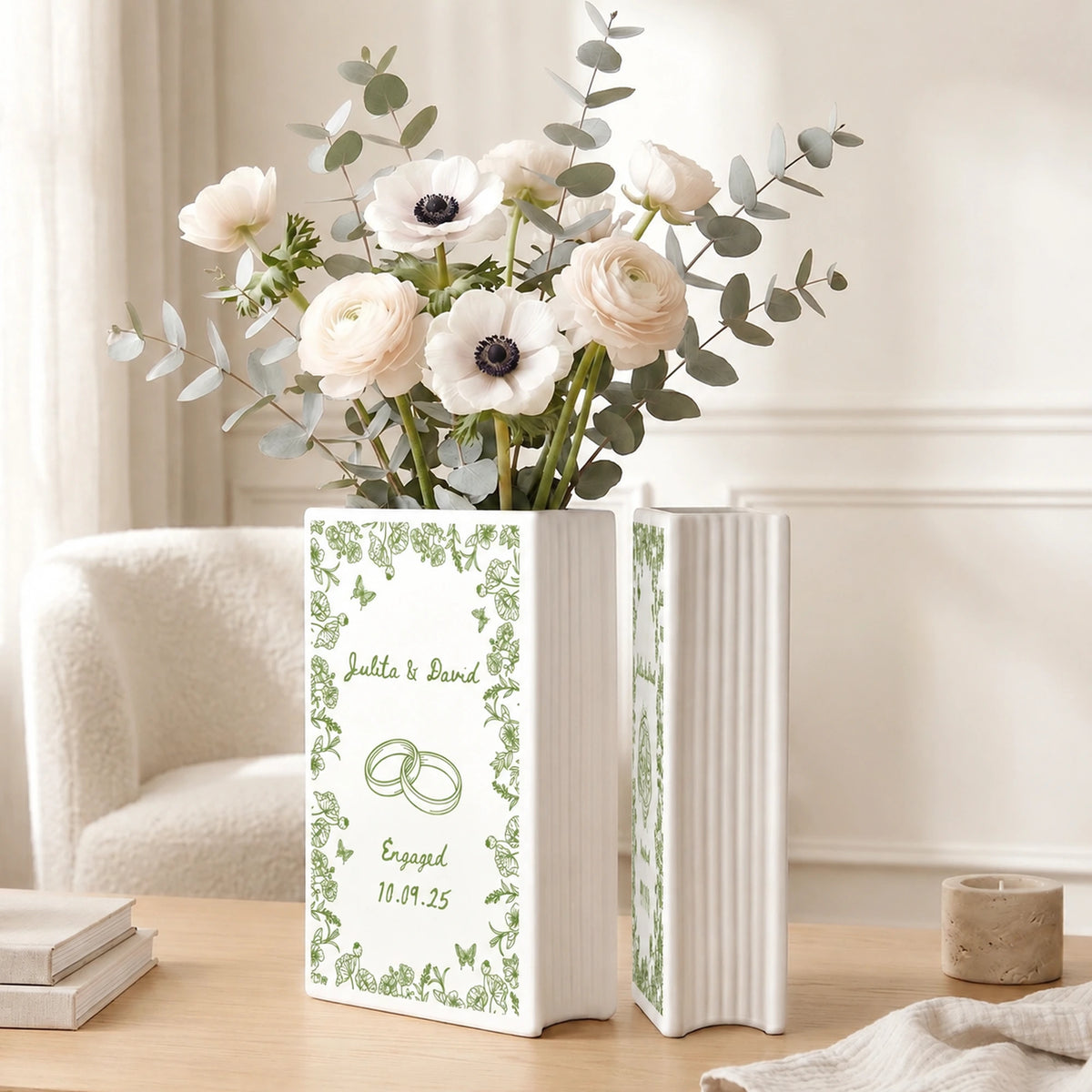 Personalized Ceramic Book Vase with Names & Date, Romantic Engagement Gift for Couples, Custom Love Keepsake
