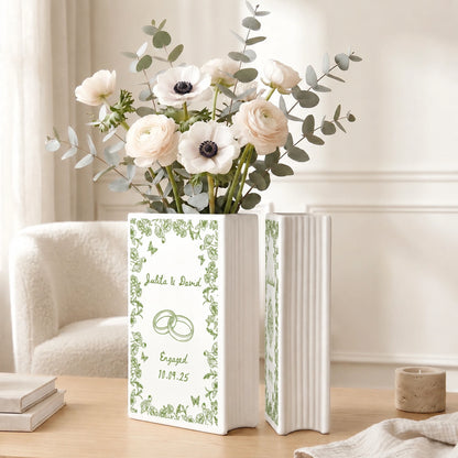 Personalized Ceramic Book Vase with Names & Date, Romantic Engagement Gift for Couples, Custom Love Keepsake