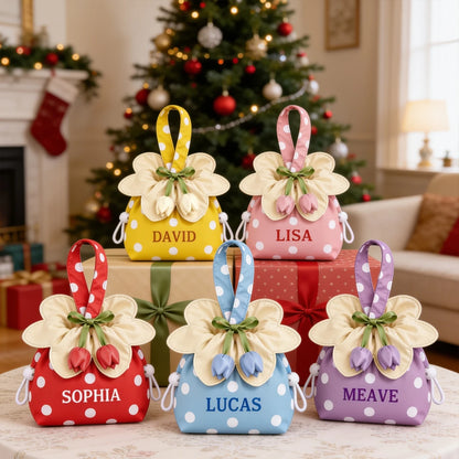 Personalized Embroidered Flower Drawstring Bag, Custom Name Polka Dot Pouch in Multiple Colors, Christmas Keepsake Gift