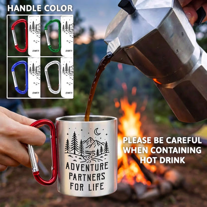 Custom Adventure Partners Stainless Steel Carabiner Mug, Personalized Couple Gift, Multiple Handle Colors