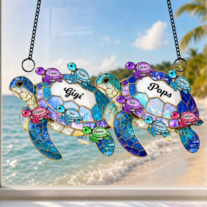 Personalized Grandma & Grandpa Turtle Suncatcher Ornament, Custom Grandkids Names, Family Gift for Grandparents