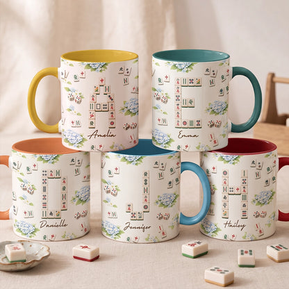 Personalized Mug with Floral Mahjong Tiles, Game Night Keepsake, Unique Gift for Mahjong Lovers