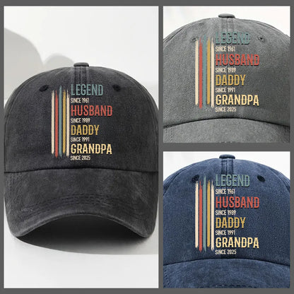 Washed Denim Baseball Cap with Personalized Vintage Legend Message, Everyday Casual Hat for Husband or Grandpa, Thoughtful Gift