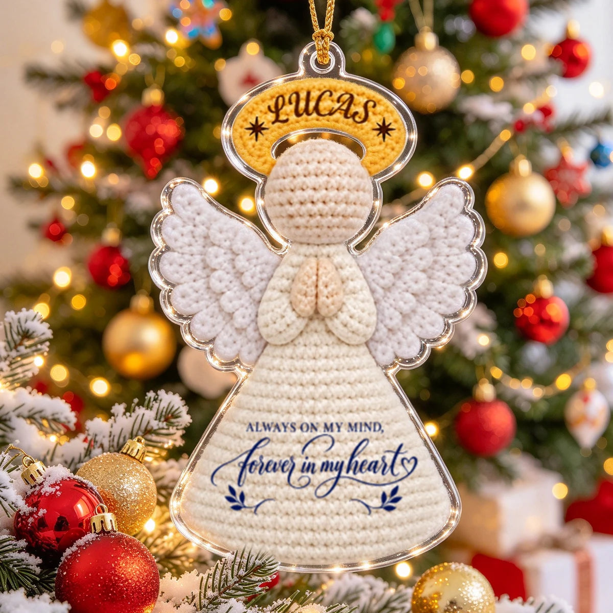 Personalized Acrylic Ornament with Praying Angel, Blue Christmas Tree Decor, Unique Memorial Gift for Family