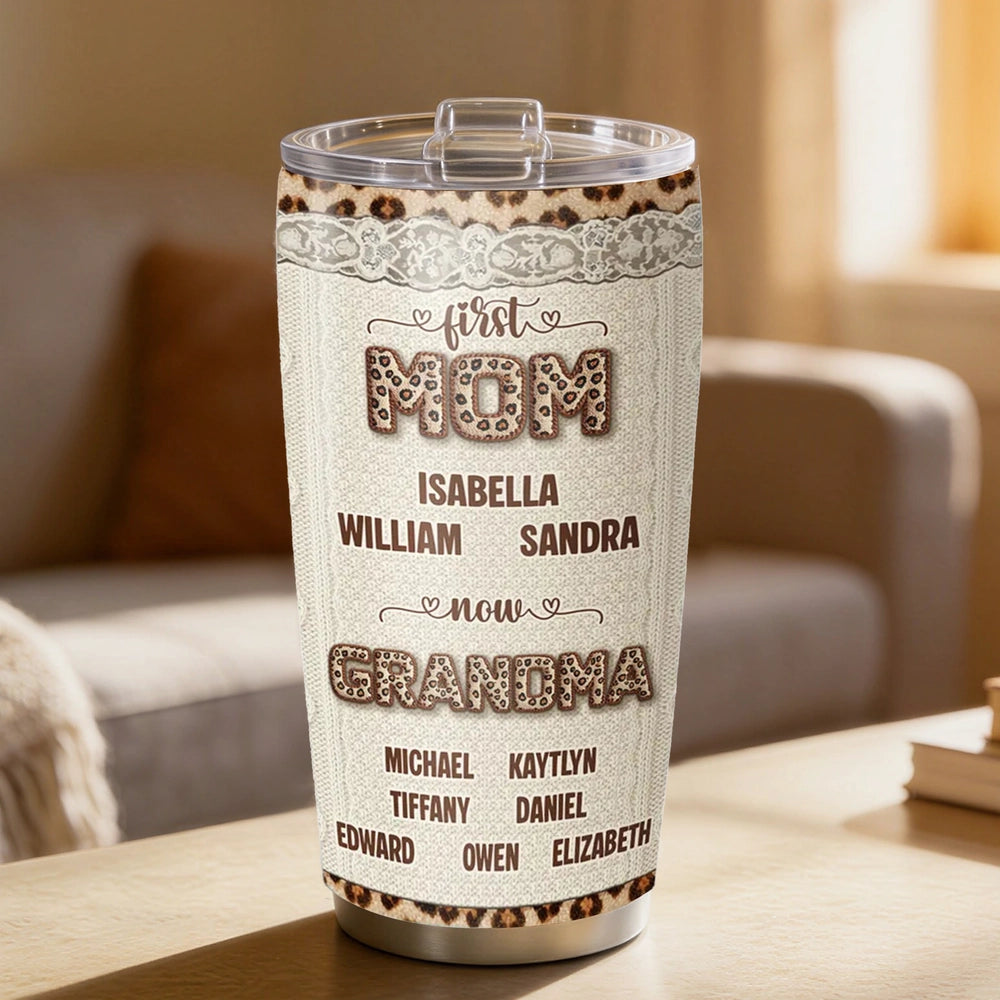 Personalized Insulated Travel Tumbler for Grandma, First Mom Now Grandma Leopard Lace Design, Unique Gift for Her