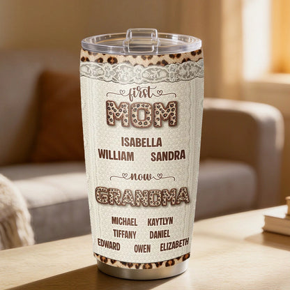 Personalized Insulated Travel Tumbler for Grandma, First Mom Now Grandma Leopard Lace Design, Unique Gift for Her