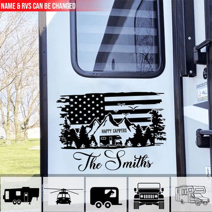Personalized Sticker Decal, Happy Campers American Flag Scene, Unique Creative Gift for Camping Family