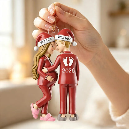Personalized Acrylic Ornament With Baby Bump Couple in Santa Hats, Unique Gift for Parents to Be