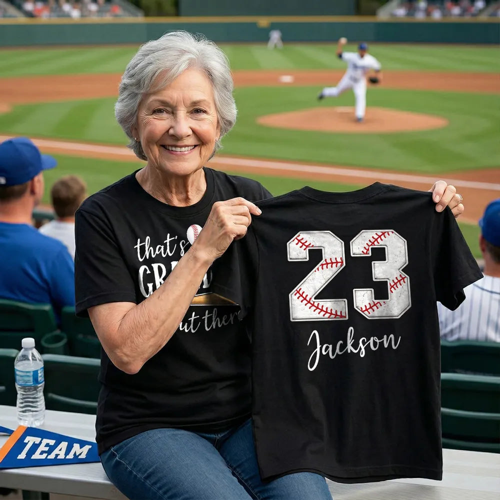 Personalized Dual Print Classic Tee That's My Grandson Out There Baseball Fan Gift for Proud Grandma
