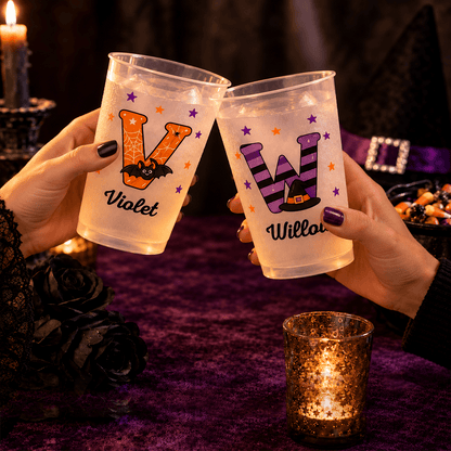 Personalized Halloween Frosted Plastic Cups with Custom Name & Initial, Cute Spooky Party Gift for Family & Friends
