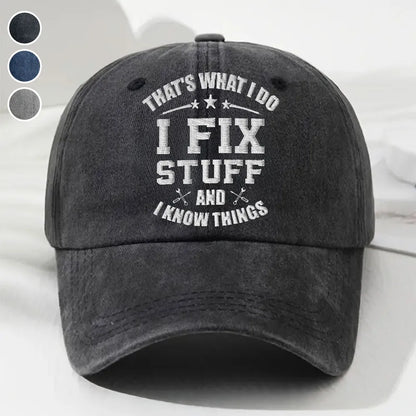 Personalized Washed Denim Baseball Cap with Funny Fix Stuff Quote, Vintage Look Everyday Hat, Unique Gift for Dad