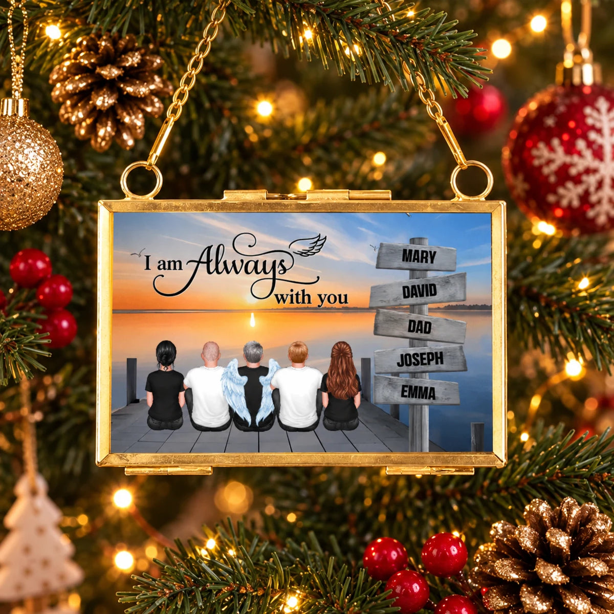 Personalized Family Memorial Photo Frame Ornament, Custom Names & Angel Wings, I Am Always With You Remembrance Gift
