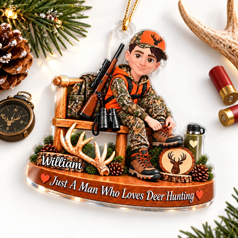 Personalized Acrylic Ornament, Custom Seated Deer Hunter Woodland Scene, Unique Christmas Gift for Dad