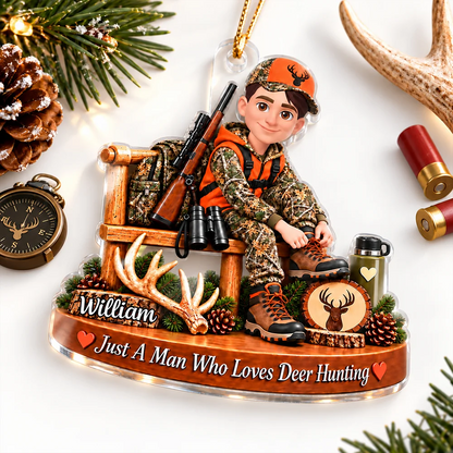 Personalized Acrylic Ornament, Custom Seated Deer Hunter Woodland Scene, Unique Christmas Gift for Dad
