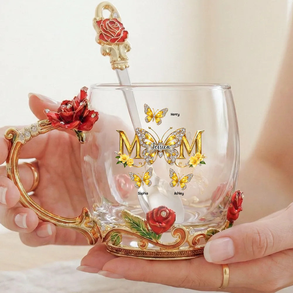 Personalized Enamel Flower Tea Cup with Butterfly Mom Monogram, Unique Gift for Mom, Warm Everyday Tea Moment
