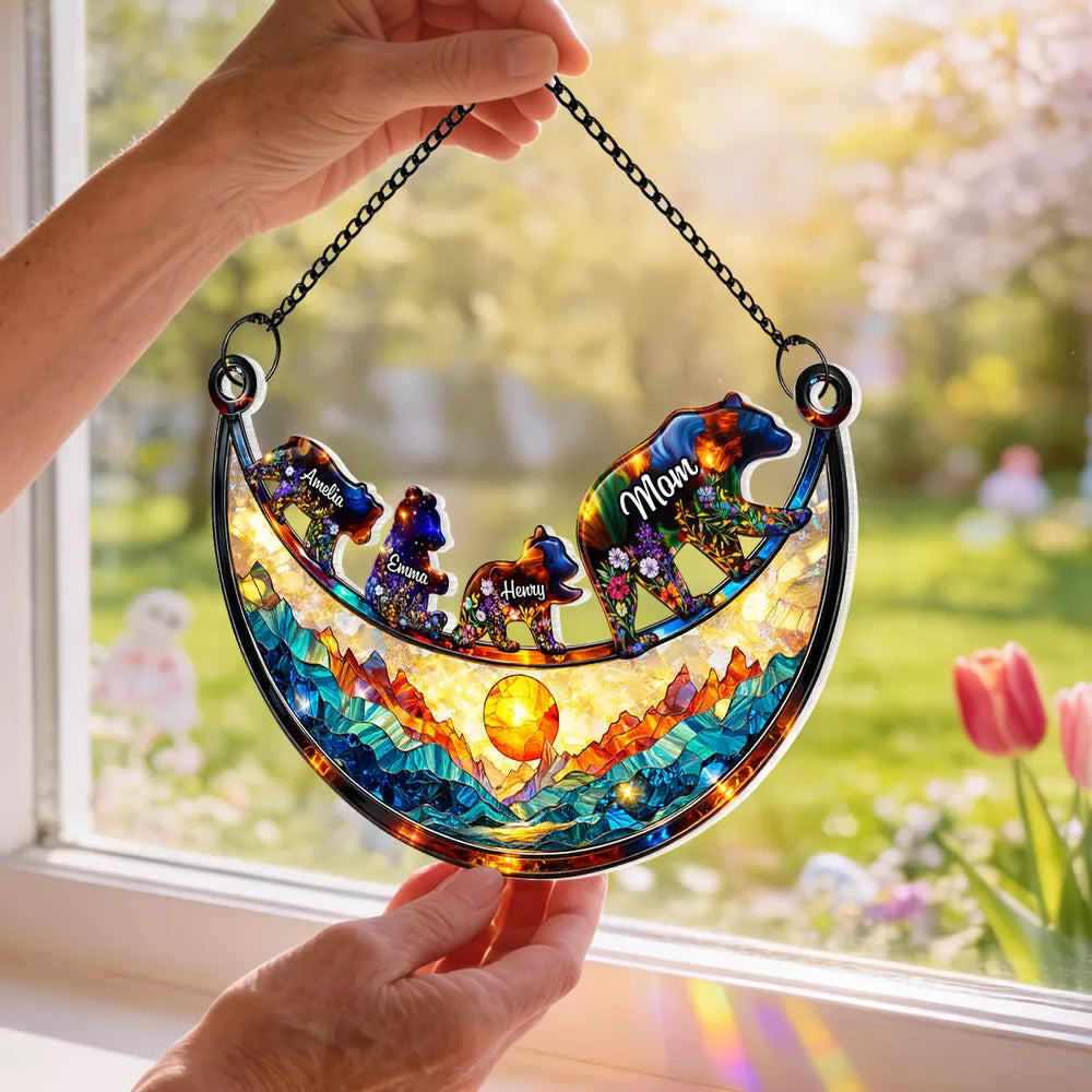 Personalized Mama Bear Acrylic Suncatcher Ornament, Colorful Stained Glass Style Window Decor, Unique Gift for Mom