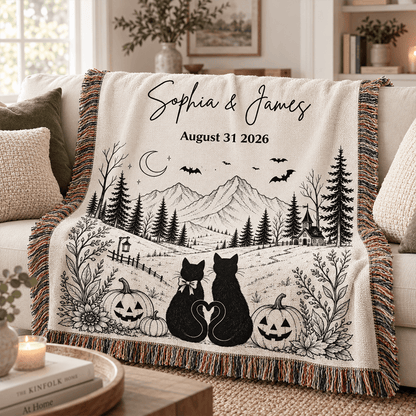 Custom Vintage Halloween Woven Blanket with Black Cat Couple & Moonlit Mountain Scene, Personalized Anniversary Gift