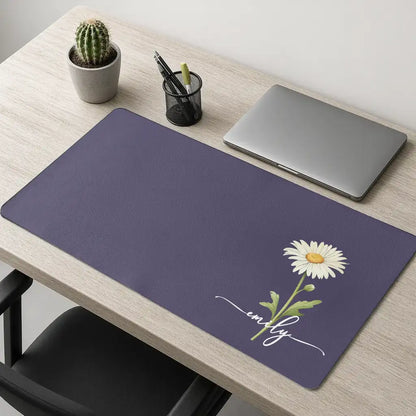 Personalized Birth Flower Leather Desk Mat, Purple Daisy Workspace Decor, Unique Gift for Her