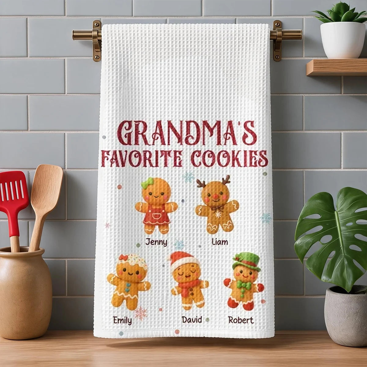 Grandma's Favorite Cookies Kitchen Towel, Personalized Gingerbread Scene, Creative Family Gift for Grandma