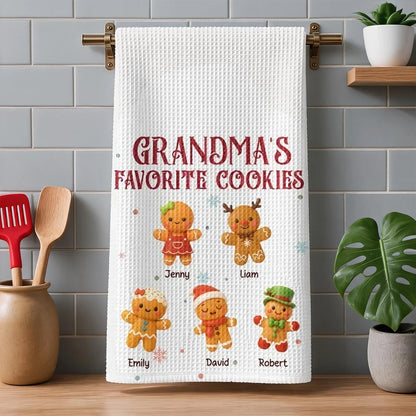 Grandma's Favorite Cookies Kitchen Towel, Personalized Gingerbread Scene, Creative Family Gift for Grandma