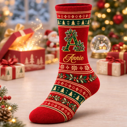 Personalized Christmas Crew Socks with Custom Name & Initial, Festive Holly and Snowflake Design, Cozy Christmas Gift