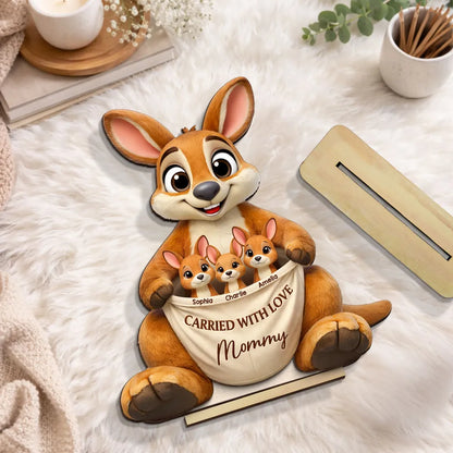 2-Layer Wooden Plaque Personalized Family Keepsake, Cute Kangaroo Grandma Holding Joeys With Carried With Love, Heartfelt Gift