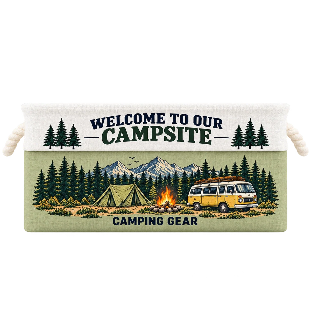 Personalized Cotton Linen Rope Basket, Forest Campsite with Tent and Campfire, Unique Gift for Camping Families