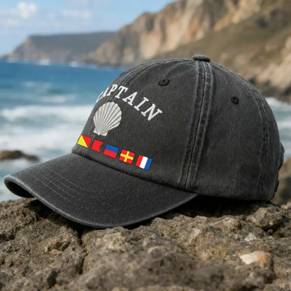 Washed Denim Baseball Cap, Captain Anchor Embroidery Effect, Ocean Cliff Style, Unique Creative Gift for Dad & Boater