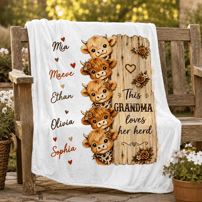 Personalized Grandma’s Herd Highland Cow Blanket with Grandkids’ Names, Cozy Gift for Grandma