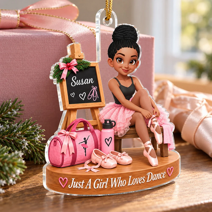 Personalized Acrylic Ornament, Pink Cartoon Ballerina Tying Pointe Shoe, Unique Christmas Gift for Daughter