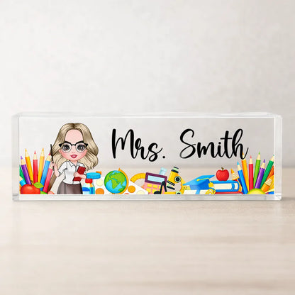 Rectangle Acrylic Block Plaque Personalized for a Teacher, Cute Classroom Desk Decor with Pencils and Books, Thoughtful Gift