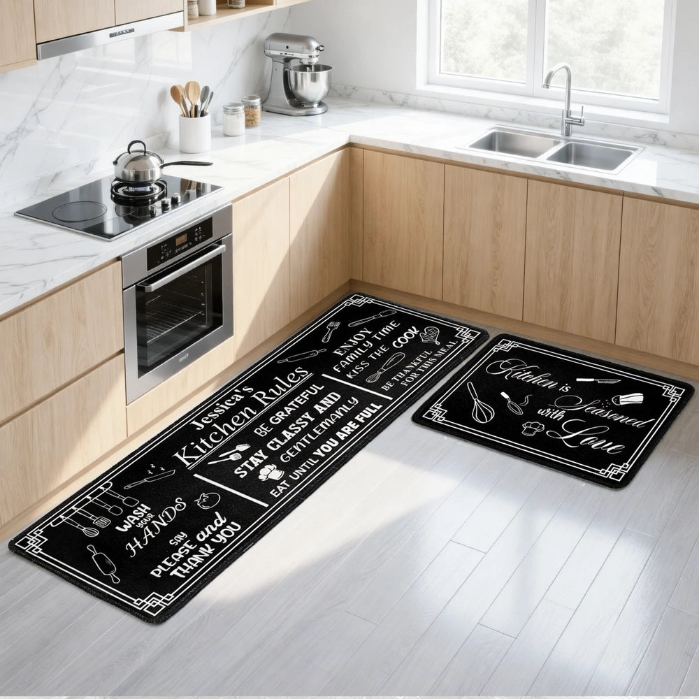 Personalized Kitchen Rules Standard Doormat, Black White Quote Style for Kitchen Entryway, Unique Housewarming Gift