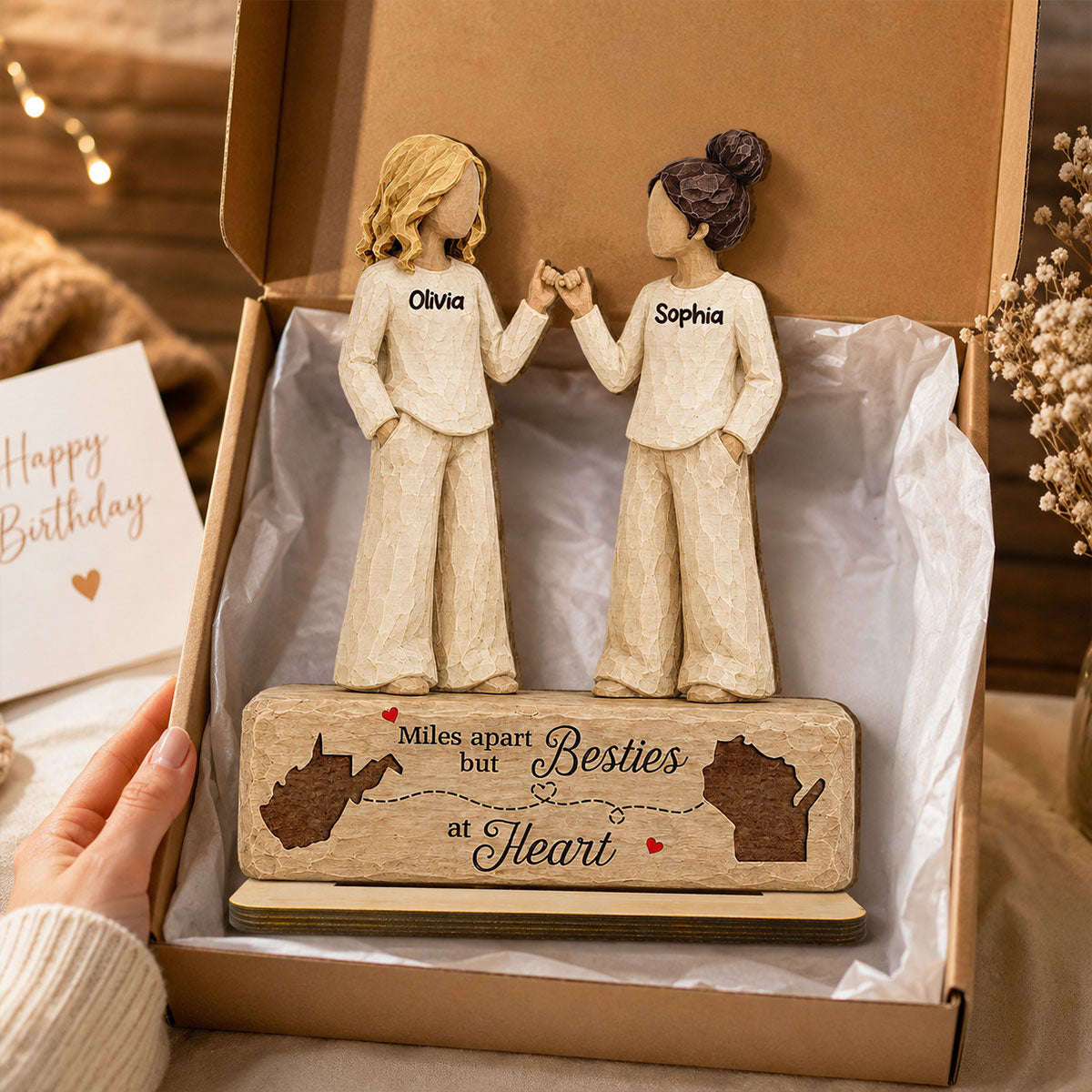 Personalized Wooden Plaque, Miles Apart Besties at Heart, Unique Gift for Long-Distance Friends