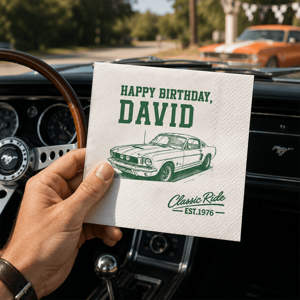 Personalized Retro Car Napkins, Custom Birthday Table Decor, Unique Gift for a Car Enthusiast