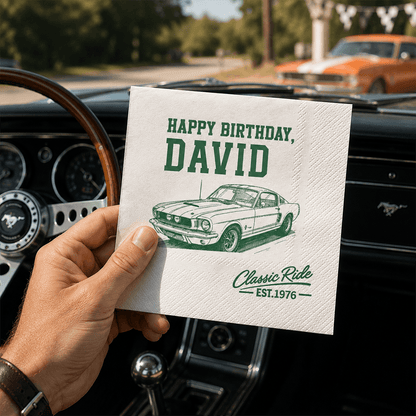Personalized Retro Car Napkins, Custom Birthday Table Decor, Unique Gift for a Car Enthusiast