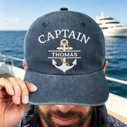 Personalized Washed Cotton Cap, Captain Anchor Design Worn at a Marina, Unique Sailing Gift for Boaters