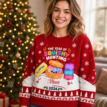 Custom Year of Squishy Hunting Christmas Sweatshirt, Cute Kawaii Toy Collector Design, Personalized Name & Year Holiday Gift