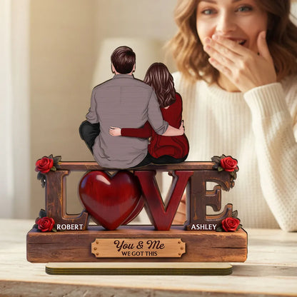 2-Layer Wooden Plaque Personalized Love Keepsake, Couple Sitting Embracing with Roses, Sweet You & Me Gift