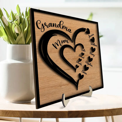 Personalized 2-Layer Wooden Plaque Heart-in-Heart Family Display, A Unique Gift For Grandma Or Mom