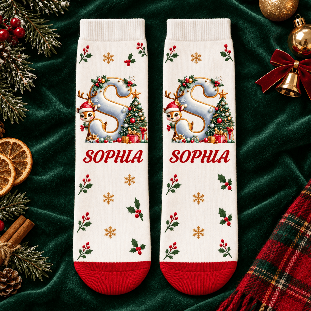 Custom Name Christmas Crew Socks with Whimsical Initial, Christmas Tree and Holly Design, Festive Stocking Stuffer for Loved Ones