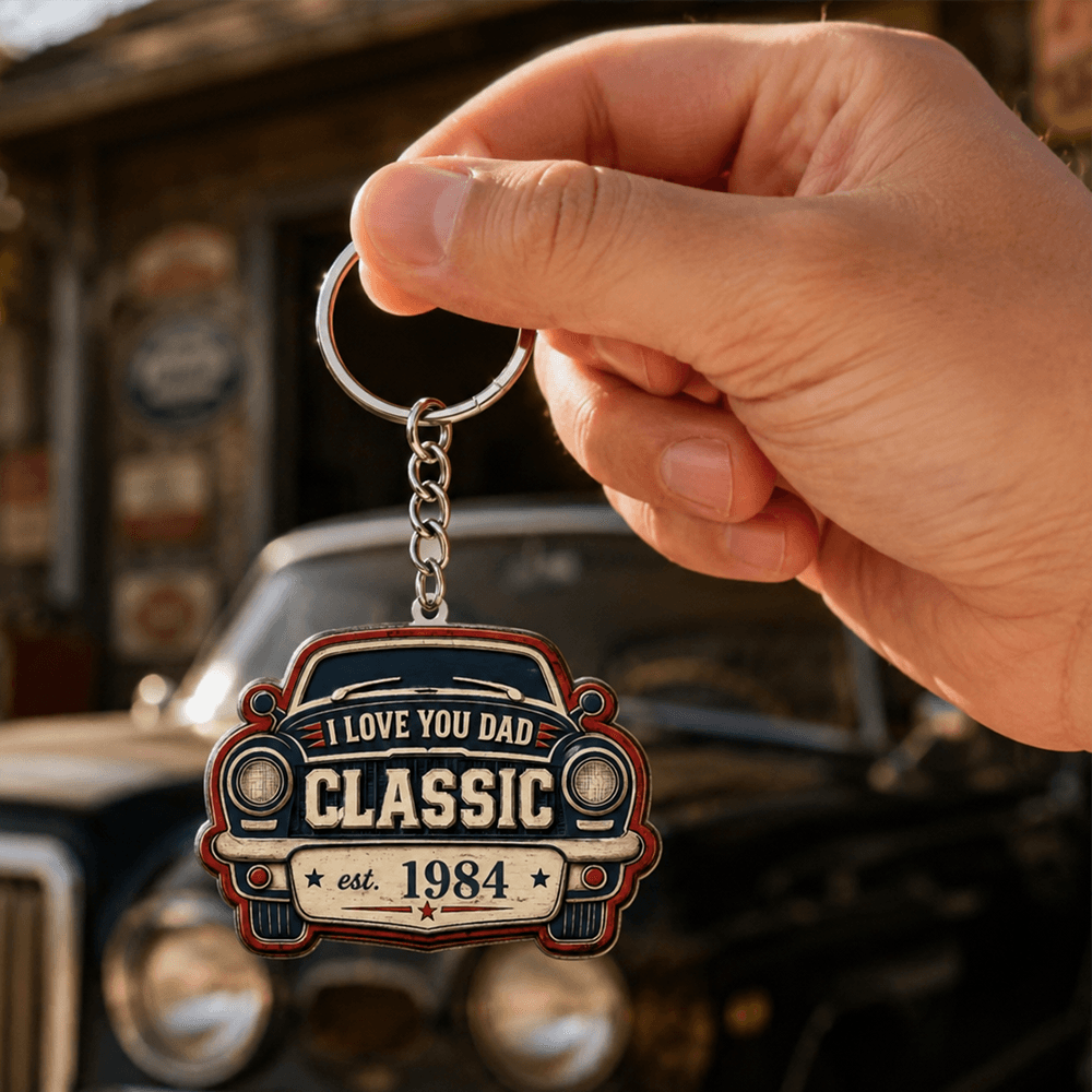 Custom Vintage Car Keychain, Acrylic or Wooden Style, Personalized Year Gift for Dad, Grandpa & Classic Car Fans