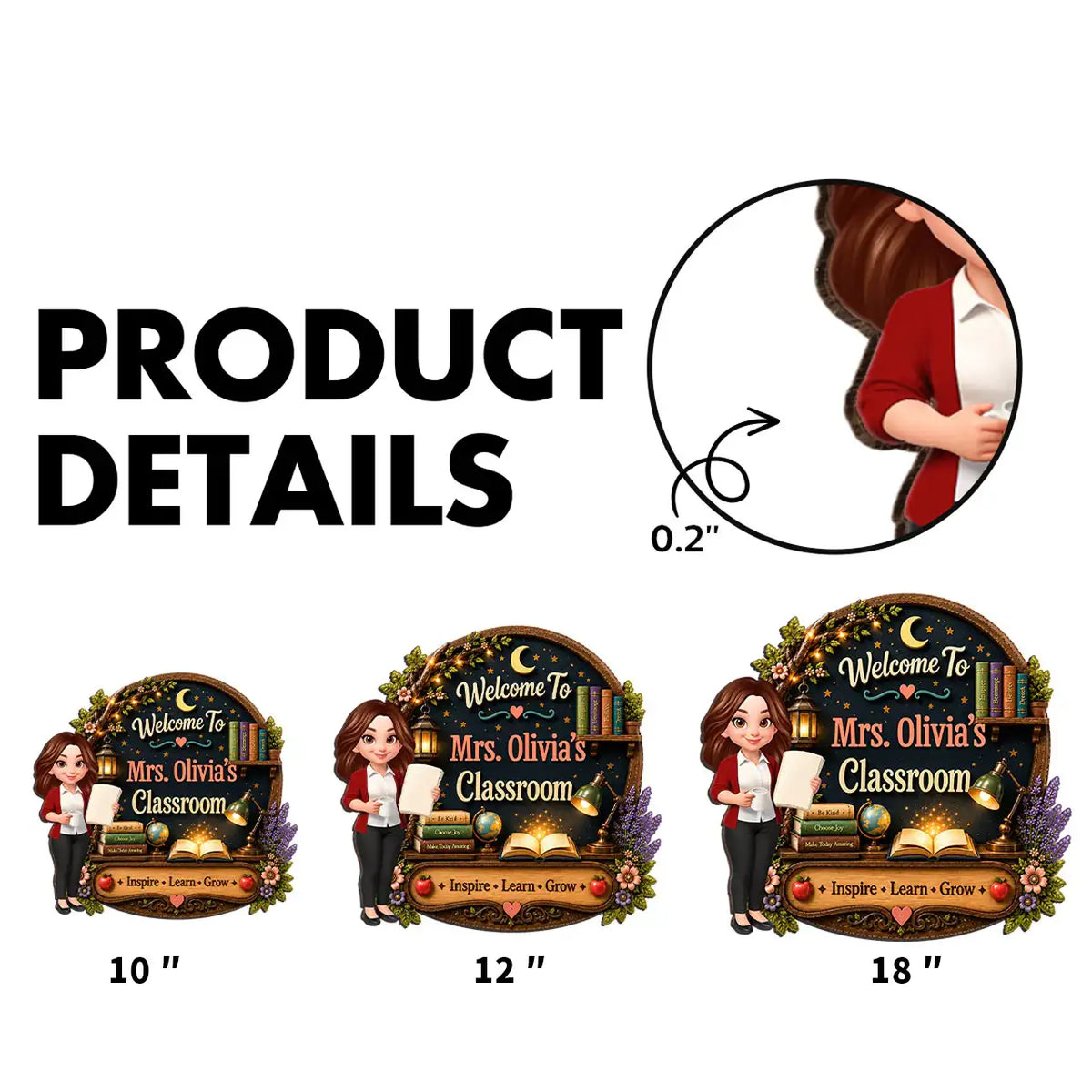 Personalized Wooden Sign with Cute Teacher Illustration, Inspire Learn Grow, Unique Creative Gift for Teacher