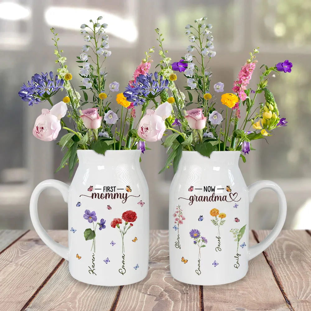 Personalized Handled Vase First Mom Now Grandma Floral Butterfly Design - Unique Gift for Mom or Grandma with Heartfelt Message