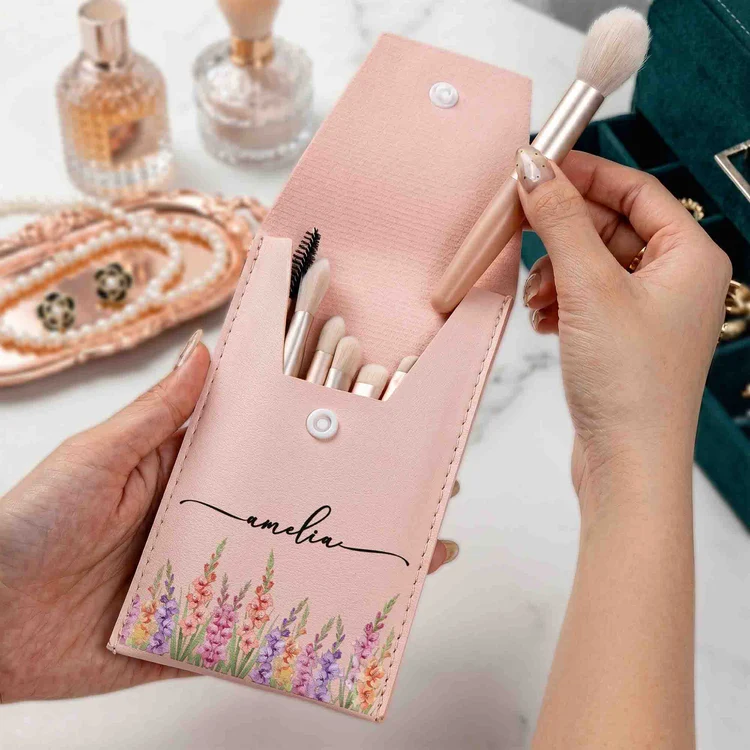 Leather Makeup Brush Set, Personalized Teal Floral Keepsake, Creative Gift for Wife, Daughter or Friend