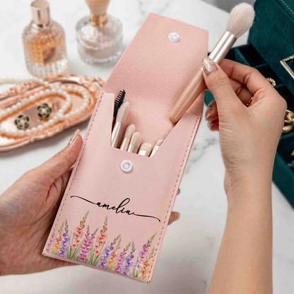 Leather Makeup Brush Set, Personalized Teal Floral Keepsake, Creative Gift for Wife, Daughter or Friend