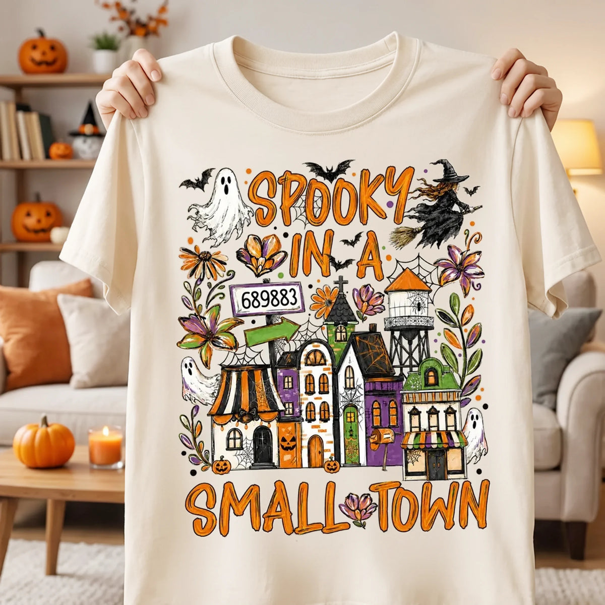 Personalized Classic Tee, Orange Ghost and Bat Town Scene, Unique Halloween Gift for Small Town Fans